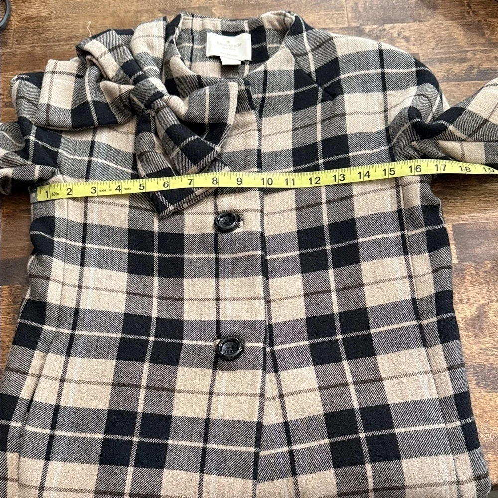 KATE SPADE Tan & Black Plaid Wool Blend Jacket Double Breasted Bow Collar Size M